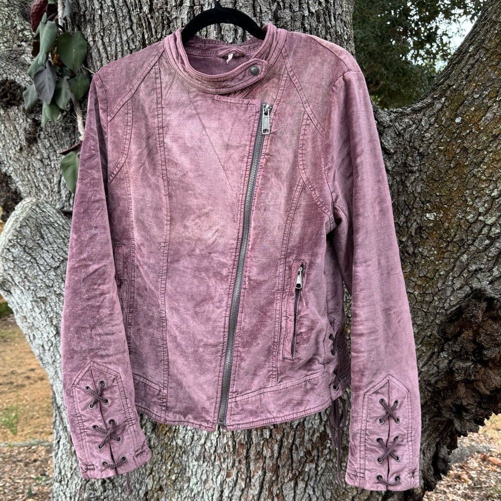 Free People Crushed Velvet Purple Moto jacket with lace up details.Size Large - Picture 2 of 16